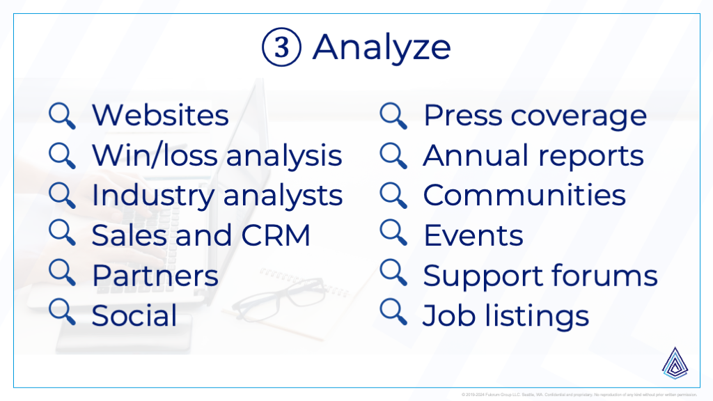 Internal and external resources for analyzing your competition.